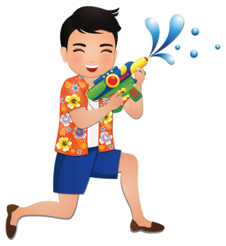 Happy cute cartoon wearing flower shirt smiled enjoy for Songkran festival in Thailand png