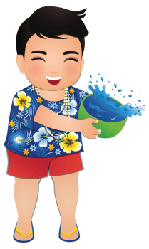 Happy cute cartoon wearing flower shirt smiled enjoy for Songkran festival in Thailand png
