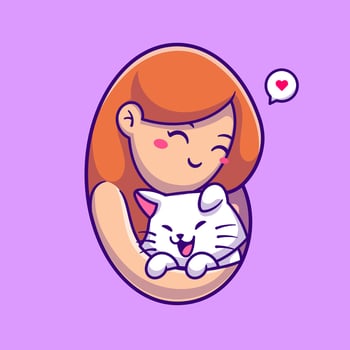 Cute Girl Hug Cat Cartoon Vector Icon Illustration. Animal People Icon Concept Isolated Premium Vector. Flat Cartoon Style