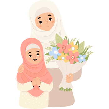 Muslim woman with daughter with bouquet png