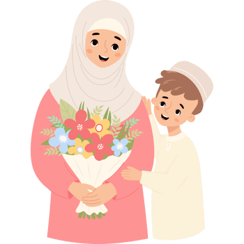Happy islamic woman with son and bouquet png