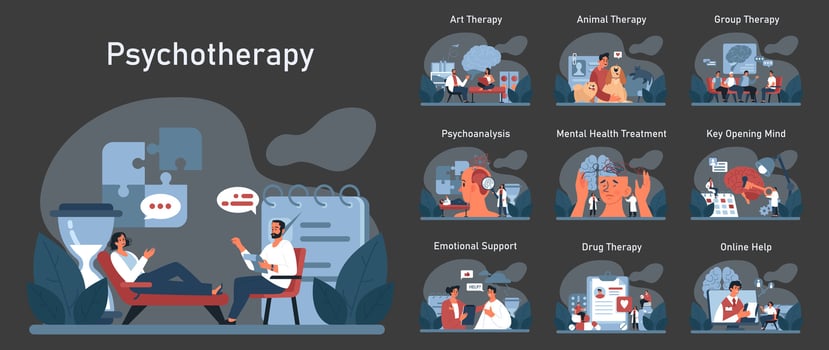 Psychotherapy dark or night mode set. Psychiatrist consulting a patient vector