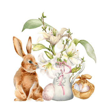 Easter bunny, eggs and white flowers in jug. Easter illustration. Watercolor hare and gentle flowers hand drawn. Painted lily, primrose for design greeting card, decoration. png