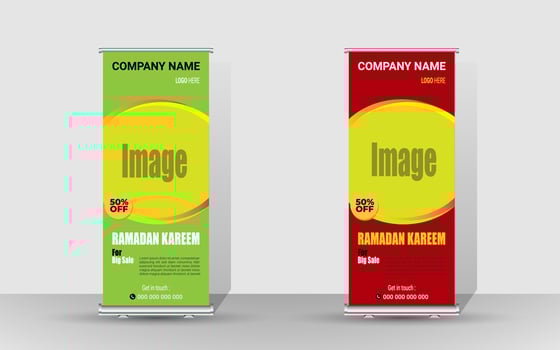 Roll up banner with a happy Ramadan design. unique meal banner for Ramadan. Rollup template for food menus. vector