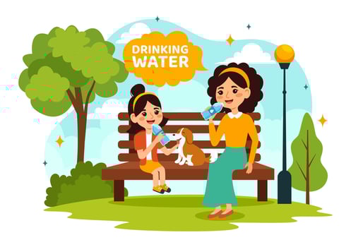 People Drinking Water From Plastic Bottles and Glasses with Pure Clean Fresh Concept in Flat Kids Cartoon Vector Illustration