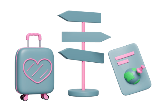 3d road signs with passport or international travel for tourism, suitcase, pin isolated. 3d render illustration png