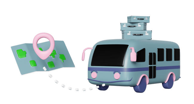 3d tourist buses search for their destinations with luggage, map, pin isolated. summer travel concept, 3d render illustration png