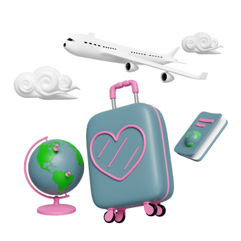 3d suitcase with passport or international travel for tourism, airplane, globe, cloud isolated. 3d render illustration png