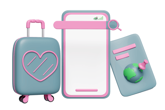 3d mobile phone, smartphone with search bar, passport or international travel for tourism, suitcase, pin isolated. 3d render illustration png