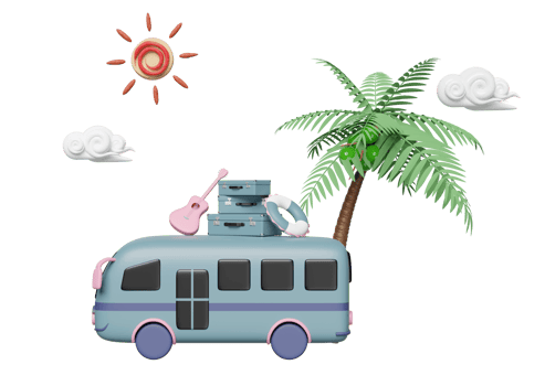 3d tourist bus with luggage, guitar, lifebuoy, palms tree, sun, cloud isolated. summer travel concept, 3d render illustration png