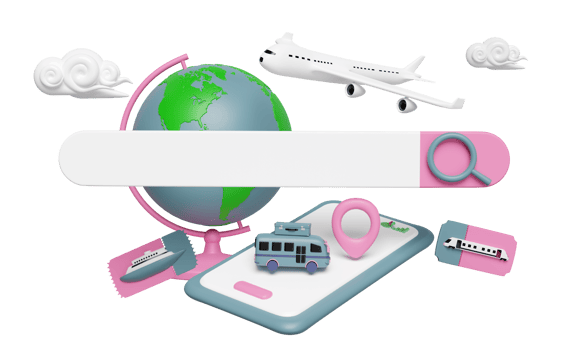 search bar with smartphone, plane, location pin, GPS navigator, map, orb, boat, train tickets, bus, cloud isolated. summer travel, delivery concept, 3d render illustration png
