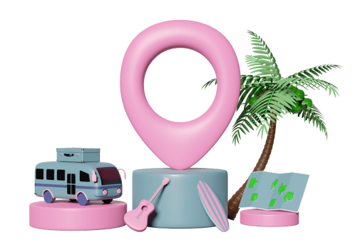 3d pin on podium with map, palms tree, tourist bus, luggage, surfboard, guitar isolated. map earth travel concept, 3d render illustration png