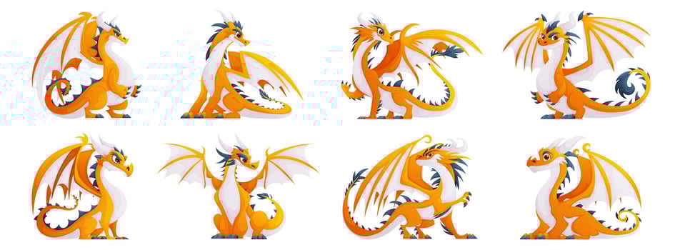 Set of yellow dragons. Large brutal dragon with wings. Yellow, blue and white color. cartoon. vector