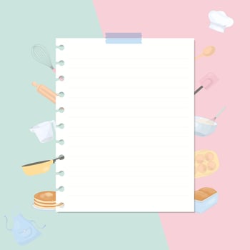 Paper note with kitchen tools and bakery ingredient vector