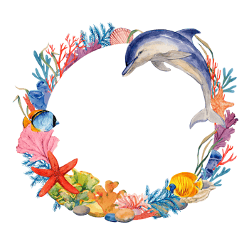 Wreath of sea animals. Watercolor round frame made of corals, algae, fish, dolphin. Clipart for design in tropical style. png