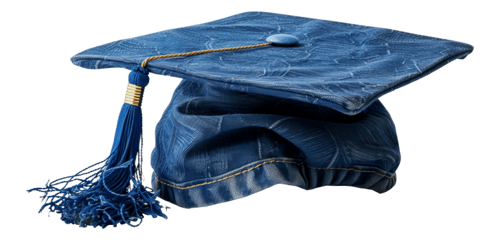 AI generated Blue denim-textured graduation cap with tassel on transparent background - stock png. png