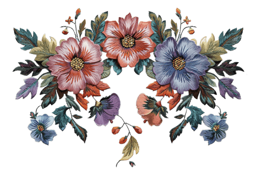 AI generated Exquisite botanical embroidery art with colorful flowers on transparent background - stock png. png