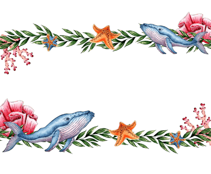Watercolor illustration of a pattern of the underwater world with algae, whales, starfish, corals. Sea animals isolated. Compositions for posters, cards, banners, flyers, covers, playbills png