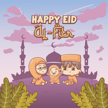 eid al fitr greeting card soical media post with muslim family, mosque, and beautiful cloud vector