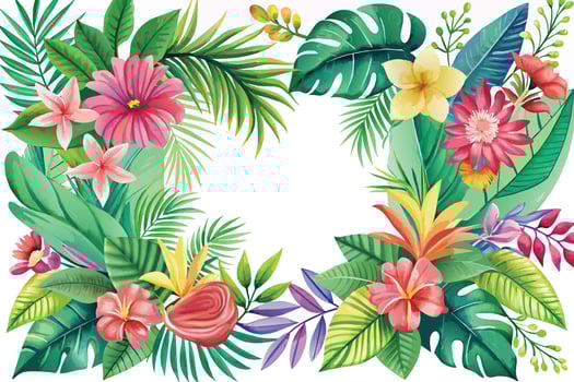 Frame with tropical flowers and leaves. Vector illustration for your design.