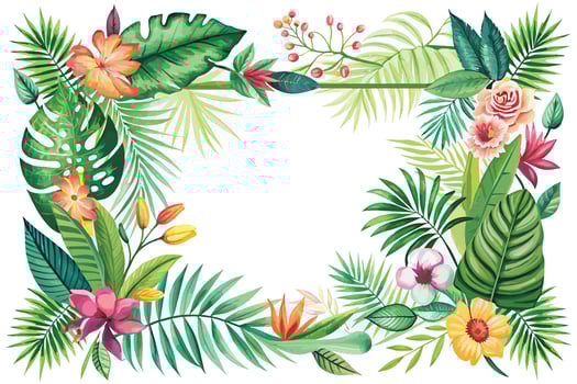 Tropical frame with flowers, leaves and plants. Vector illustration.