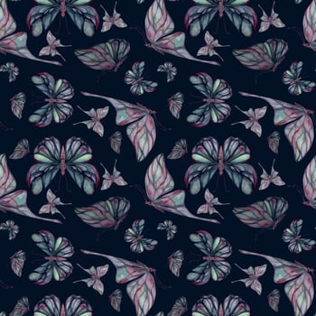 Hand drawn watercolor illustration butterfly fairy wings gem crystal insect moth. Tourmaline pearl labradorite opal. Seamless pattern isolated on dark background. Design shop, print, wedding, package vector