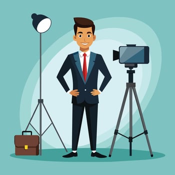 Businessman with camera and briefcase over blue background vector illustration graphic design