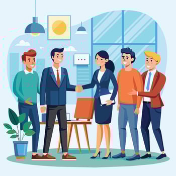 Business people shaking hands in office. Vector illustration in flat style.