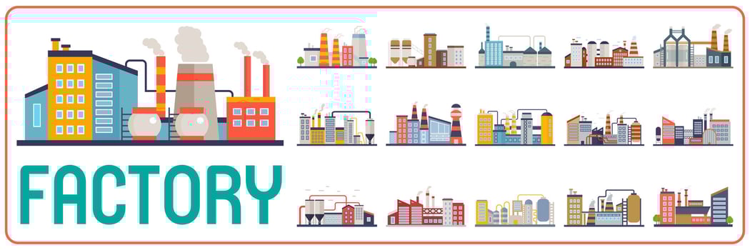 Factory buildings, Power electricity, industry manufactory buildings flat decorative icons set isolated vector illustration.