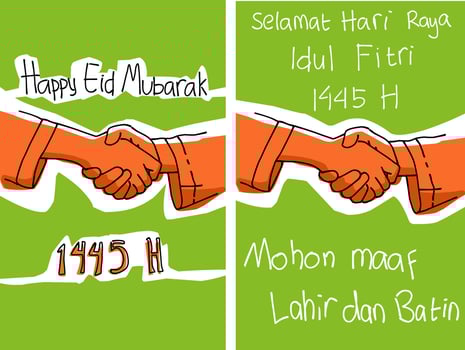 Eid Mubarak greetings with hand shaking on a green background vector