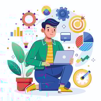 Young man sitting on the floor and working on laptop. Flat style vector illustration.