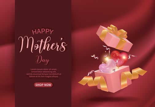 Red Mother's Day sales guide with opened gift box, heart, ribbon vector