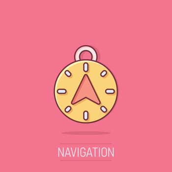 Compass icon in comic style. Navigation equipment cartoon vector illustration on isolated background. Journey direction splash effect business concept.