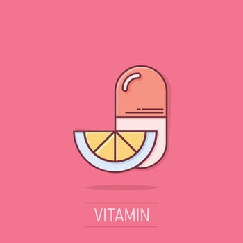 Vitamin pill note icon in comic style. Capsule cartoon vector illustration on isolated background. Antibiotic splash effect sign business concept.