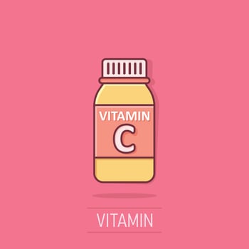 Vitamin C icon in comic style. Bottle with pill cartoon vector illustration on isolated background. Pharmacy sign business concept splash effect.