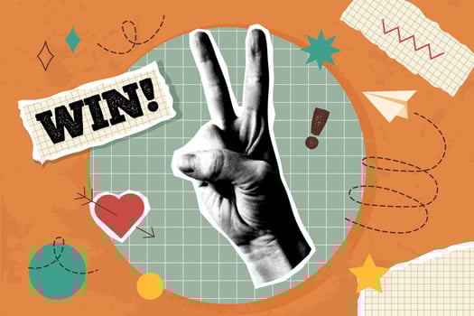Card in vintage new nostalgia collage style. Paper halftone hand showing gesture victory. Retro vector pop art design.