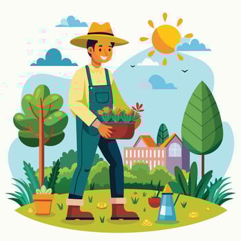Gardening. Vector illustration in flat style. Man gardener with a basket of flowers.