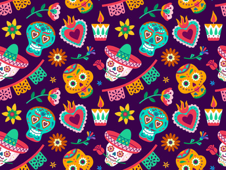 Dia de los Muertos or Day of Dead holiday. Traditional seamless pattern with skull, flowers, candles, heart, garland. Halloween in Mexico. Flat vector illustration.
