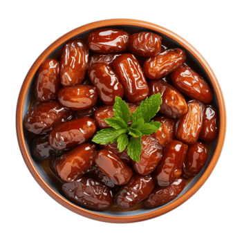 AI generated a bowl of dried date fruits isolated on a transparent background, top view, PNG