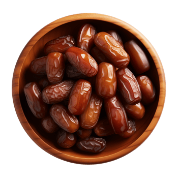 AI generated a bowl of dried date fruits isolated on a transparent background, top view, PNG