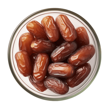 AI generated a bowl of dried date fruits isolated on a transparent background, top view, PNG