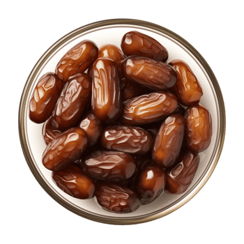 AI generated a bowl of dried date fruits isolated on a transparent background, top view, PNG