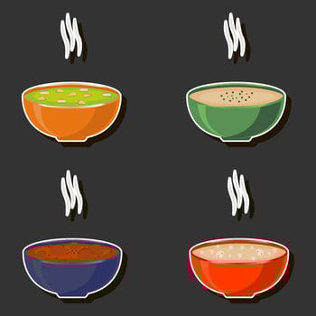 Illustration on theme big set various types beautiful tasty edible hot homemade soups vector