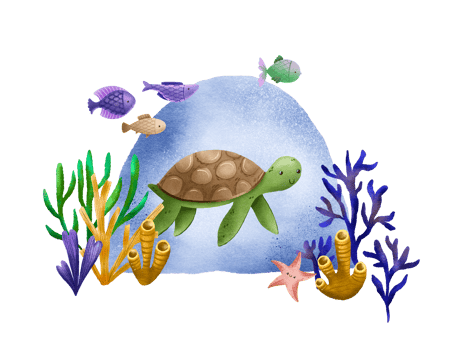 Hand-drawn postcard with the underwater world. Green turtle, fish and seaweed. At the bottom of the ocean. Cute illustration for children png