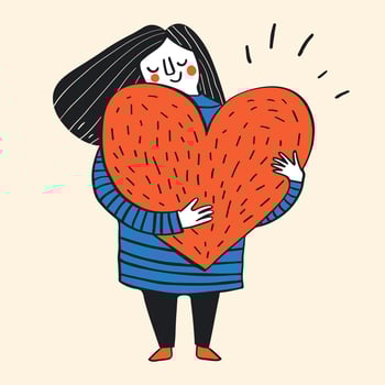 Cute cartoon woman with black hair holding a big red heart. Love and self care concept. Flat vector illustration.