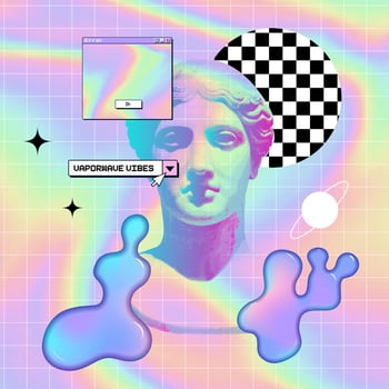 3D rendering composition of ancient Greek statue head in pixel art style with glitchy effect and y2k liquid slime blobs. Concept of classic art in modern stylization. Vaporwave vector design.
