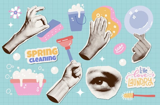 Trendy vintage halftone collage paper elements set of Cleaning tools in hands. Hand holding housekeeping equipment, sponge, plunger, washed plate. House spring cleaning supplies vector clipart.