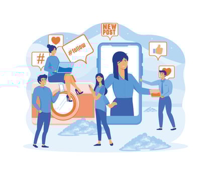 Blogging concept. Blogger creating photo and video content, writes new post for social media networks. Influencer marketing. flat vector modern illustration