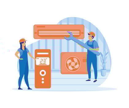 Professional service for repair of air conditioners. Maintenance, installation of cooling systems. Warranty repair and cleaning, replacement of filters. flat vector modern illustration