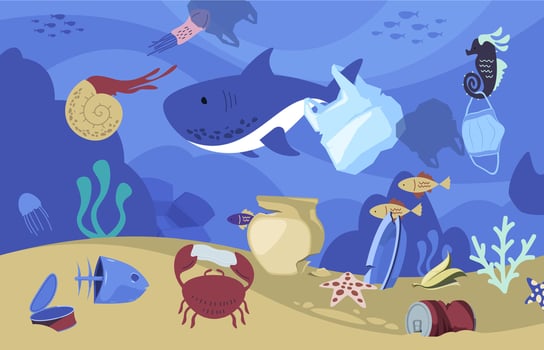 Cartoon underwater garbadge. Sea marine wildlife polluted with plastic waste, ocean animals with plastic straws and bags. Vector illustration